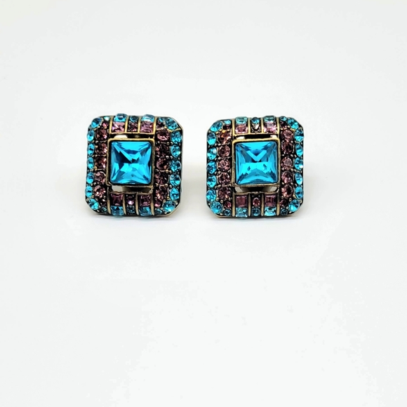 Heidi Daus Blue Topaz+Amethyst Swarovski Crystal Oversized Square Clip Earrings - Picture 6 of 13